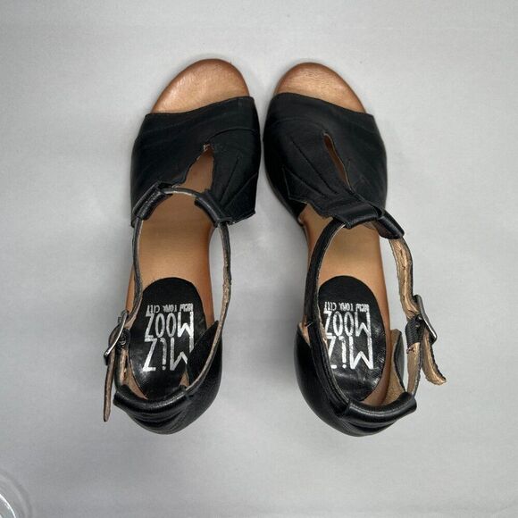 Miz Mooz Heels Women's Size 10 Black Leather Open Toe Buckle Ankle Strap Sandals - Picture 8 of 10